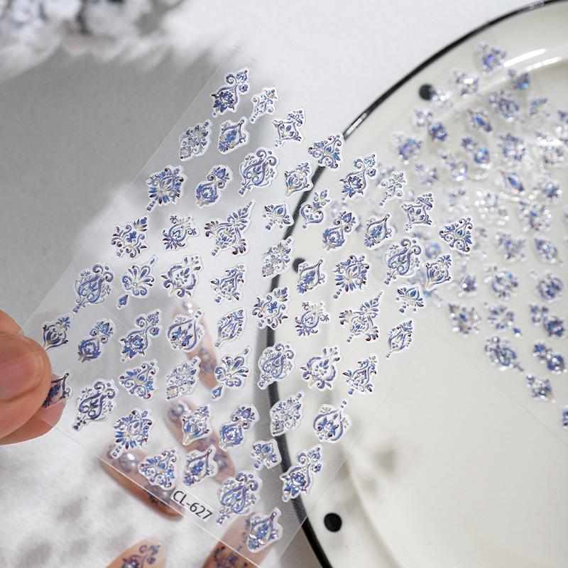 Cyansea Серебристые Сине-Цветочные Блестящие Наклейки для Ногтей - Свежие Цветы в Японском Стиле для Французского Маникюра