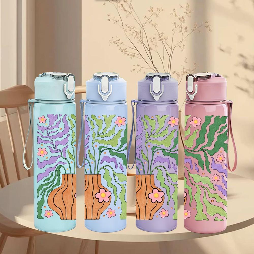 1PC Green Purple Abstract Leaf Pattern Print 750ml Color Plastic Sports Water Bottle Leakproof Flip Straw Lid Suitable for Sports Office Home Use