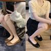 Grape Mother Studiolee Round Head Light Mouth Bow Solid Color Sheepskin High Heels Thick Heel Ballet Single Shoes Women