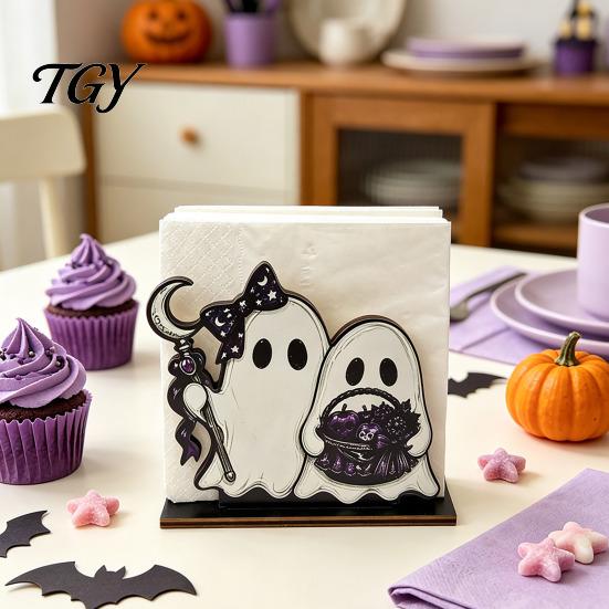 Decorative Wood Towel Rack Halloween Wooden Napkin Holder, Cute Ghost Black Cat Vertical Paper Organizer for Kitchen Stand, Table Tissue Festive Party