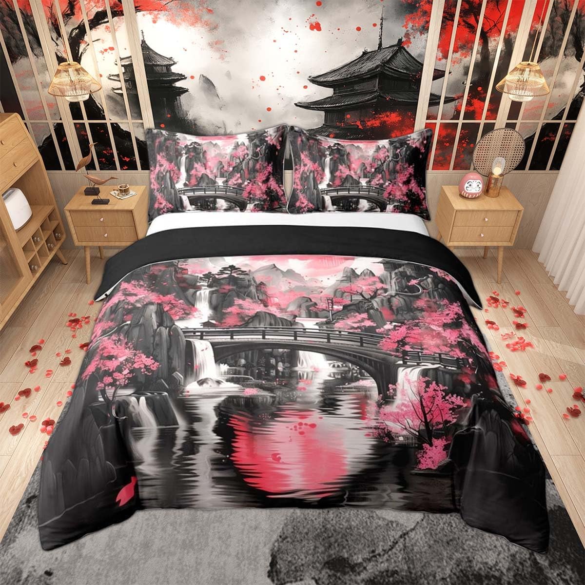 Japanse Kersentak Dekbedovertrek Set Dubbel Formaat Bloemen Berg Beddengoed Set Aziatische Oosterse Hoes Met 2 Kussenslopen AU Single(140x210cm)