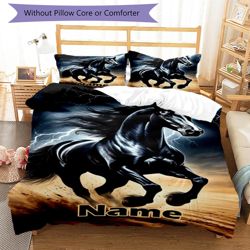 3pcs Custom Name Horse Bedding Set Duvet Cover Closure Includes 1 Duvet Cover & 2 Pillowcases, Soft and Comfortable for All Seasons.