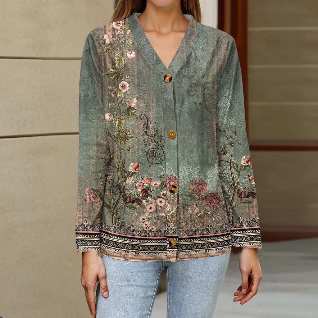 Women's Fashion Casual Print Button-down Shirt Long Sleeve Tops