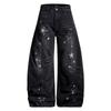 Mens Wide Leg Denim Pants With Star Print Loose Fit Streetwear Style Mid-Waist Zip Fly Casual Trousers