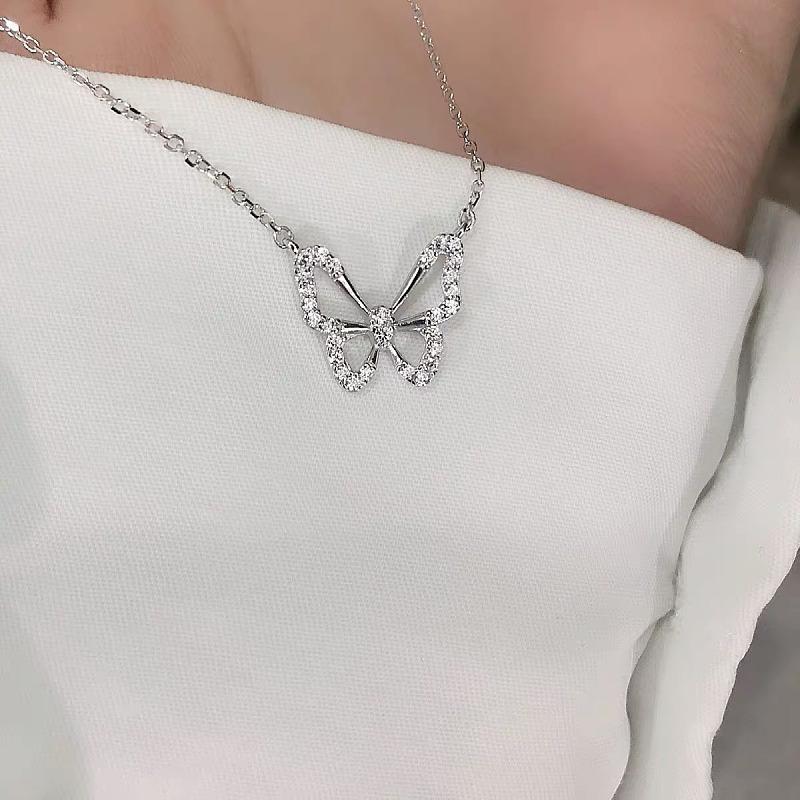 925 Silver Hollow Butterfly Pendant Necklace with Diamond - Like Crystal , Simple Style for Daily Wear