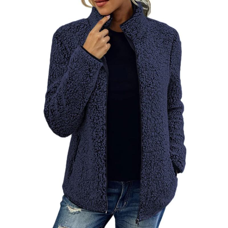 Autumn Women Solid Fleece Jackets Casual Fashion Stand Collar Coat Long Sleeve Zipper Outerwear Clothes