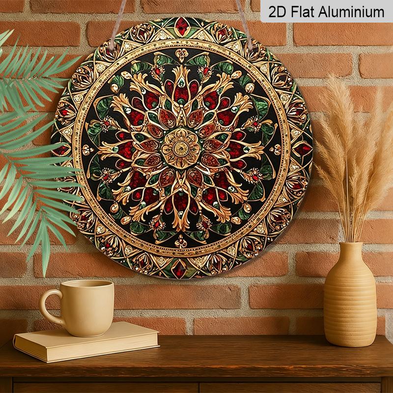 2D Flat 1pc, Vintage Gold Red Gem Mandala Floral Ornate Style, Circular Metal Wall Hanging Decor For Farmhouse Living Room Bohemian Porch Indoor
