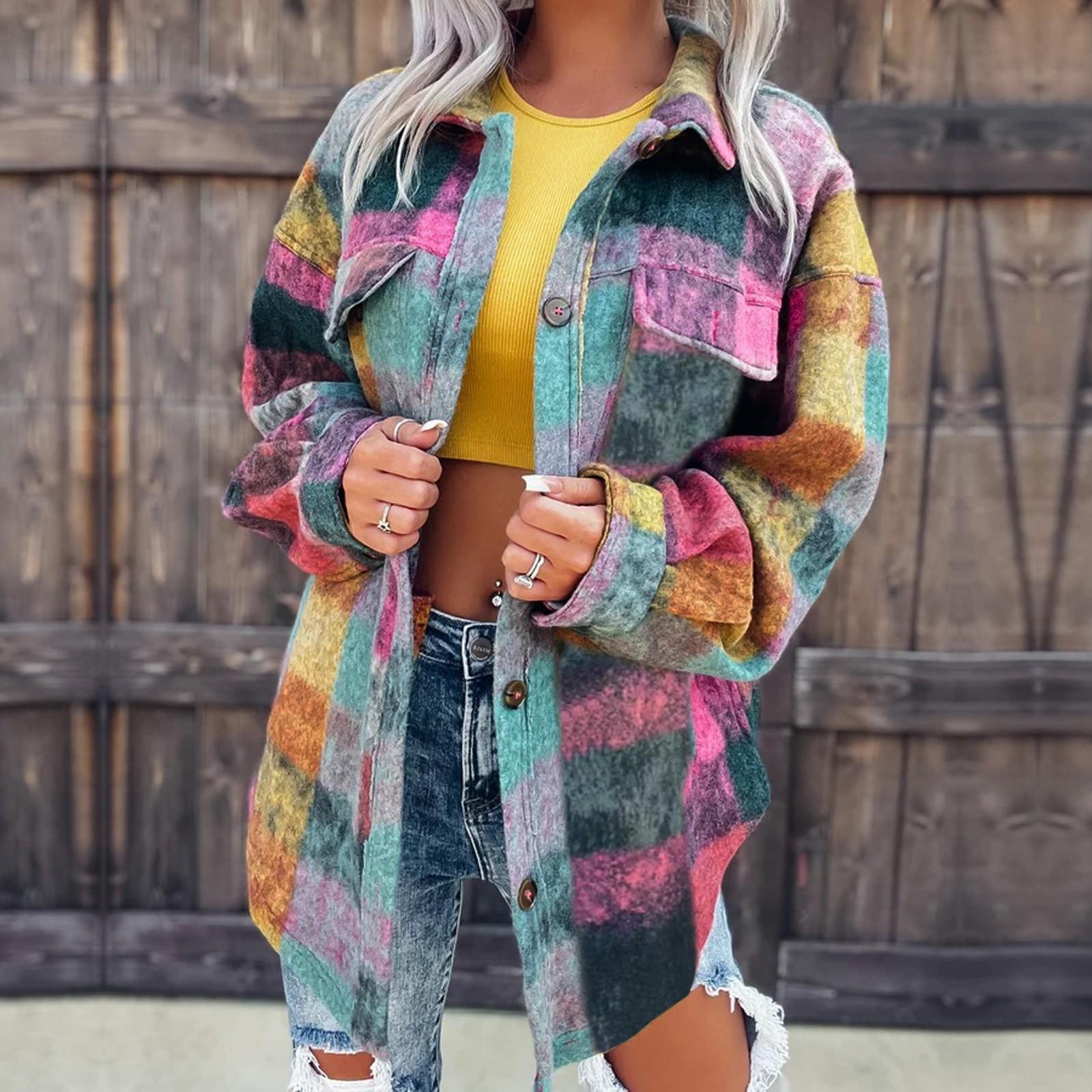 

Женская модная однобортная элегантная куртка-рубашка с длинными рукавами и отворотами, осенняя куртка с цветным принтом, шерстяная куртка XL