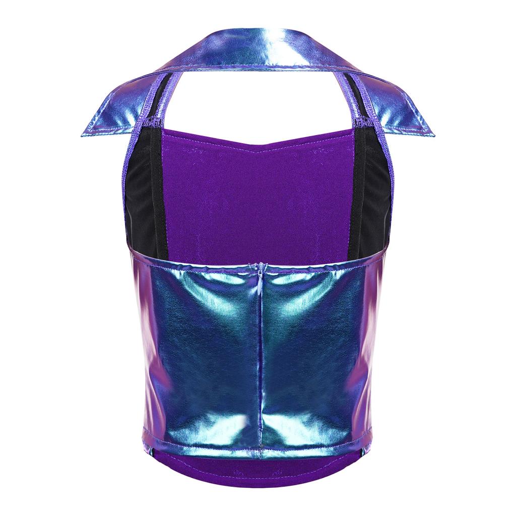 Haut court à col bénitier Jazz Disco pour fille avec paillettes et sequins brillants devant, sans manches, dos nu, fermeture éclair au dos, débardeur métallique brillant pour costume de scène