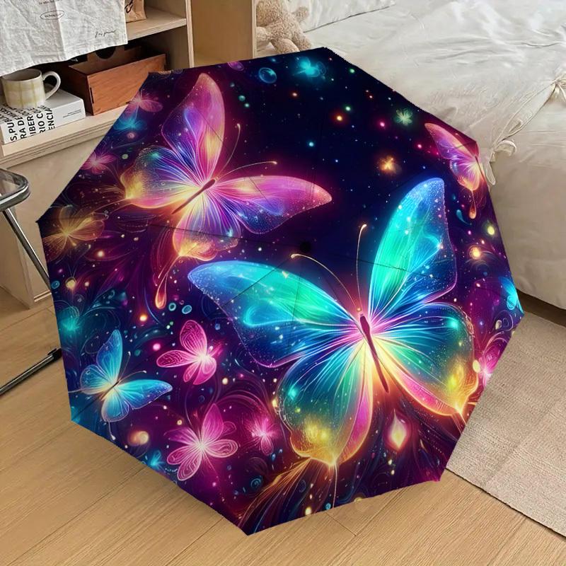 1 pièce Papillons Colorés dans un Parapluie Nuit Fantastique avec Manche en Plastique, Convient à Toutes les Saisons Maison Voyage Parapluie ExtérieurDD1207