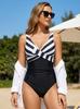 European & American Striped V-Neck Twist One-Piece Swimsuit for Women - High-Waisted, Slimming, Backless Beachwear