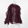 Womens Vintage French Style Ruffle Chiffon Blouse 2025 Elegant Wine Red Round Neck Top