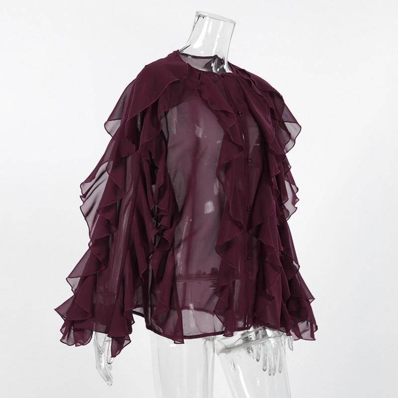 Womens Vintage French Style Ruffle Chiffon Blouse 2025 Elegant Wine Red Round Neck Top