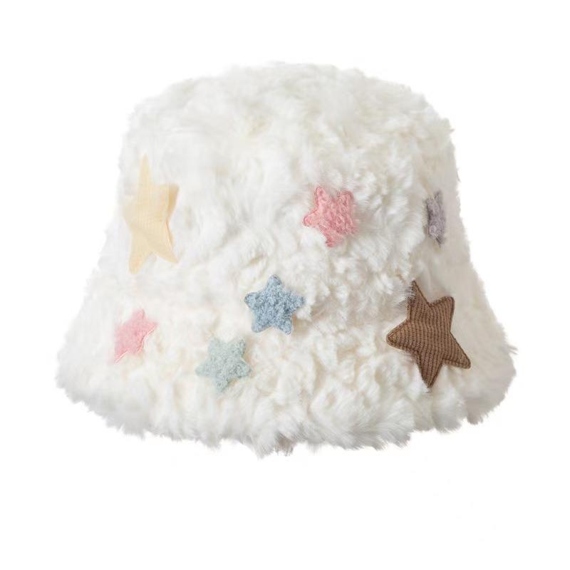 Cute star plush bucket hat women's autumn and winter new thickened plush cute versatile ear protectors keep warm and show a small face