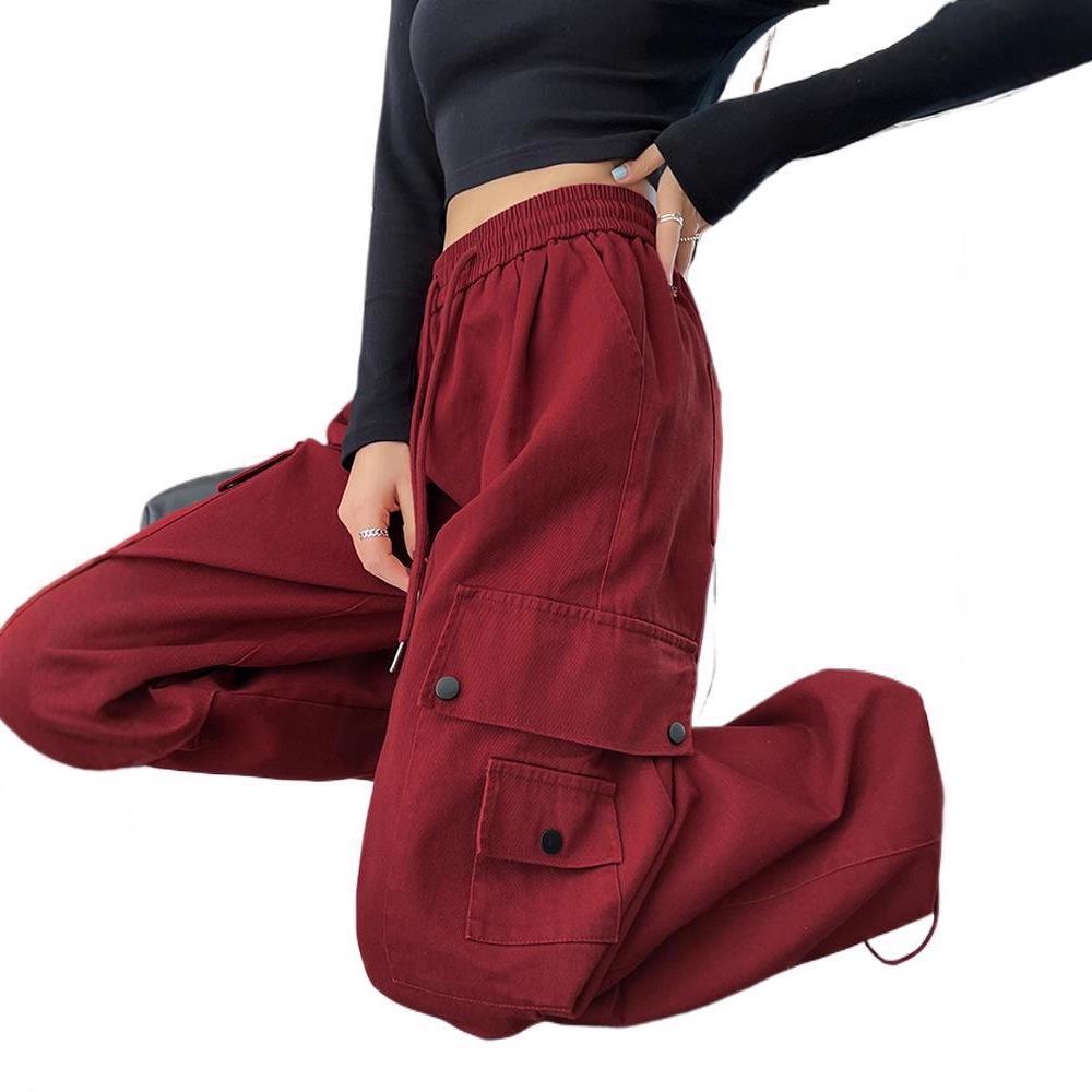 Damen High-Waist Retro Washed Baumwolle Cargohose, Lockeres Gerades Bein, Bodenlang, Aufgeschlagener Weiter Beinabschluss, Frühling Schlankmachender Stil.