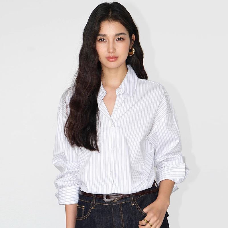 Casual Striped Long-Sleeve Shirt for Women - Relaxed Fit, Spring/Autumn Medium