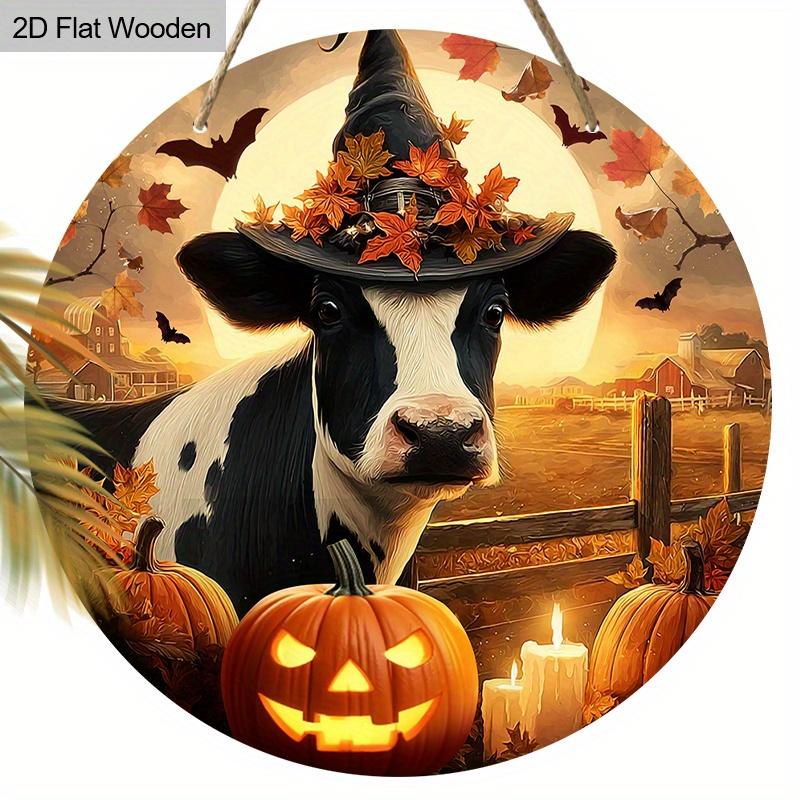 

2D Flat 1pc Wooden Halloween Vintage Decorative Sign,Cow with Witch Hat and Pumpkin Pattern Design, Wall Hanging Decor,Ideal Halloween Festive Gift 2D,Style1,1pc оранжевый