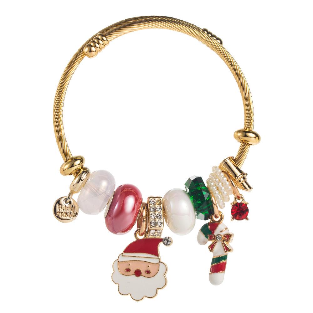 New Christmas Elements Holiday Bangle: Stainless Steel Bracelet with Santa Claus, Christmas Tree, Candy Cane, and Boots Accessories