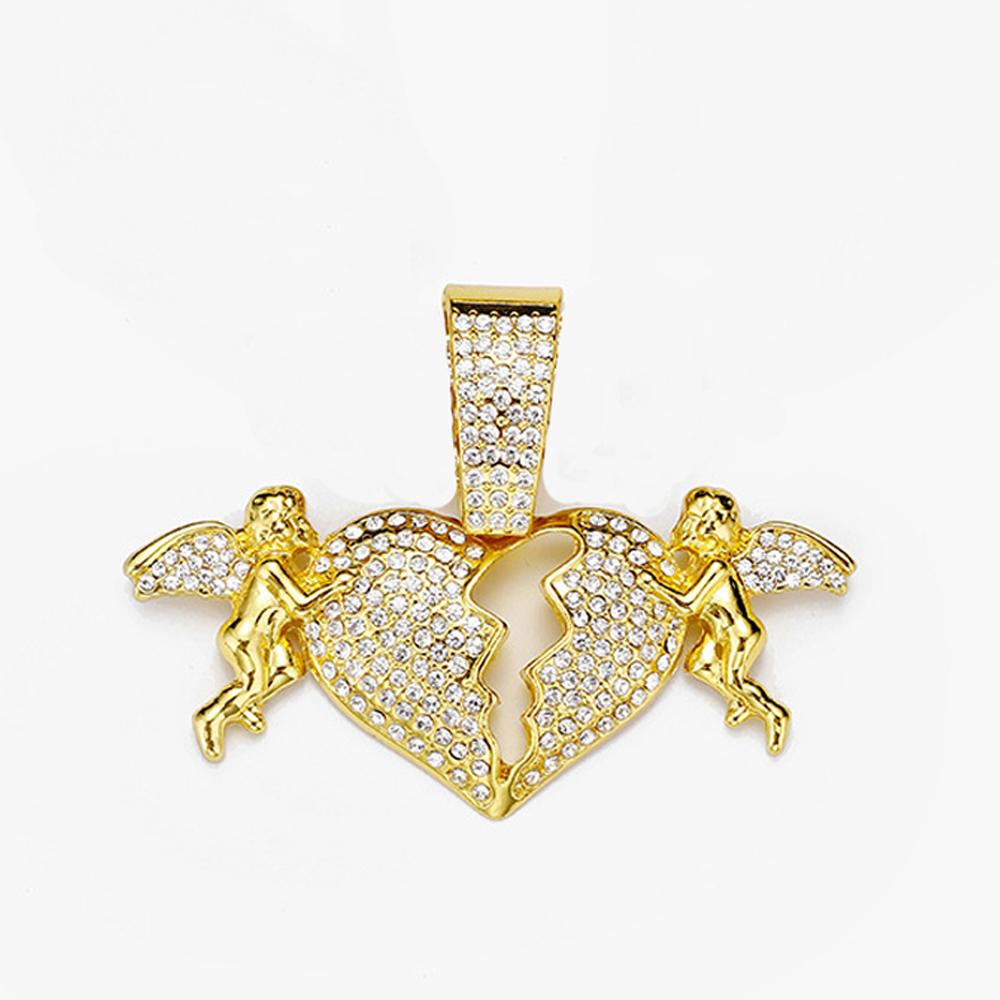 Trendy Men's Women Hip Hop Sparkling Angel Love Heart Pendant Necklace with 15mm Cuban Chain Necklace Charm Jewelry Factory Sale