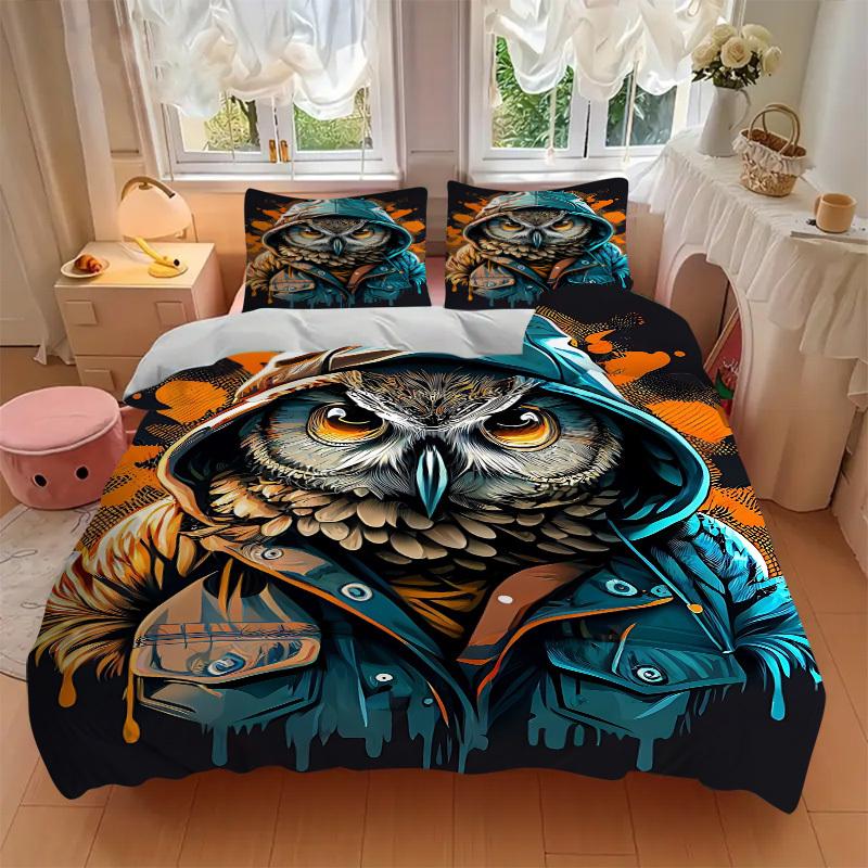 3pcs Owl Hoodie Duvet Cover Set -Includes 1 Duvet Cover and 2 Pillowcases, No Quilt Core, All-Season Home Decor Yy251111126