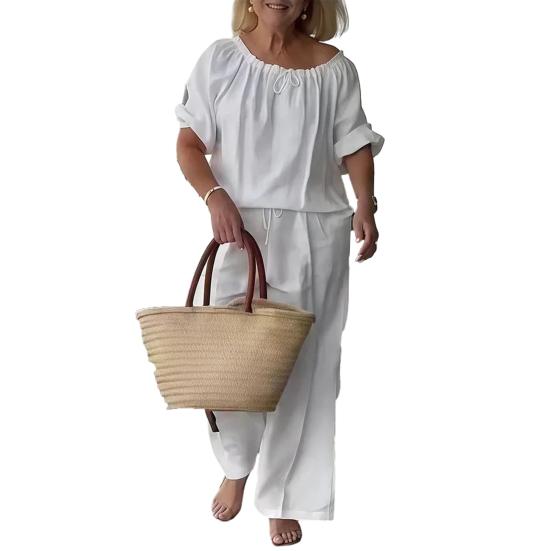 Summer Cotton Linen 2 Piece Outfits for Women Casual Short Sleeve Drawstring Crew Neck Top And Wide-Leg Pants Lounge Matching Set