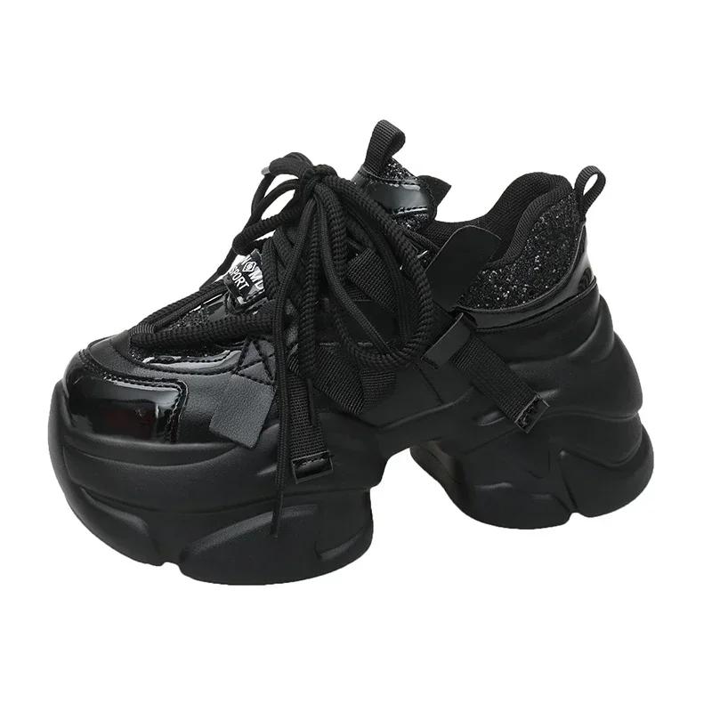 Mote Kvinner Bling Red Chunky Sneakers Vinter Høy Platform Varm Pels Sko Dame Kiler Uformell Far Sko Skinn Sports Sneakers 8CM