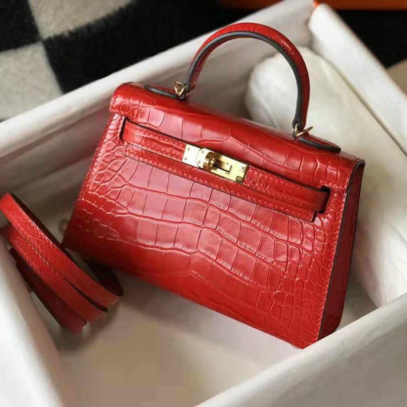 Hochwertige Krokodilmuster-Mini-Kelli-Tasche, Mini Kelli zweite Generation, tragbare Schulter-Crossbody-Mini-Ledertasche für Damen 19cm