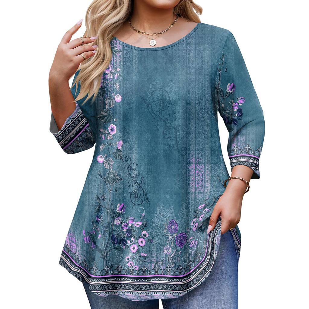 Women’s Floral Print 3/4 Sleeve Tunic Top with Round Neck Loose Fit Casual Blouse for Daily Wear and Comfort