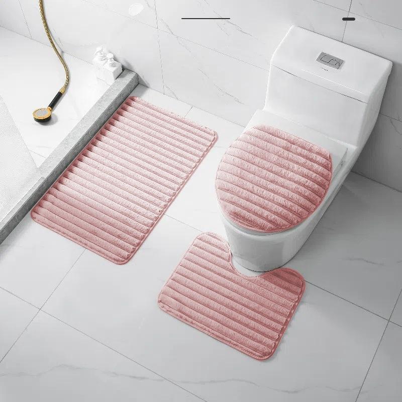 3Pcs Minimalist Style Plush Bathroom Floor Mat Set Non-slip Soft Doormat Water Absorbent for Bath Entry