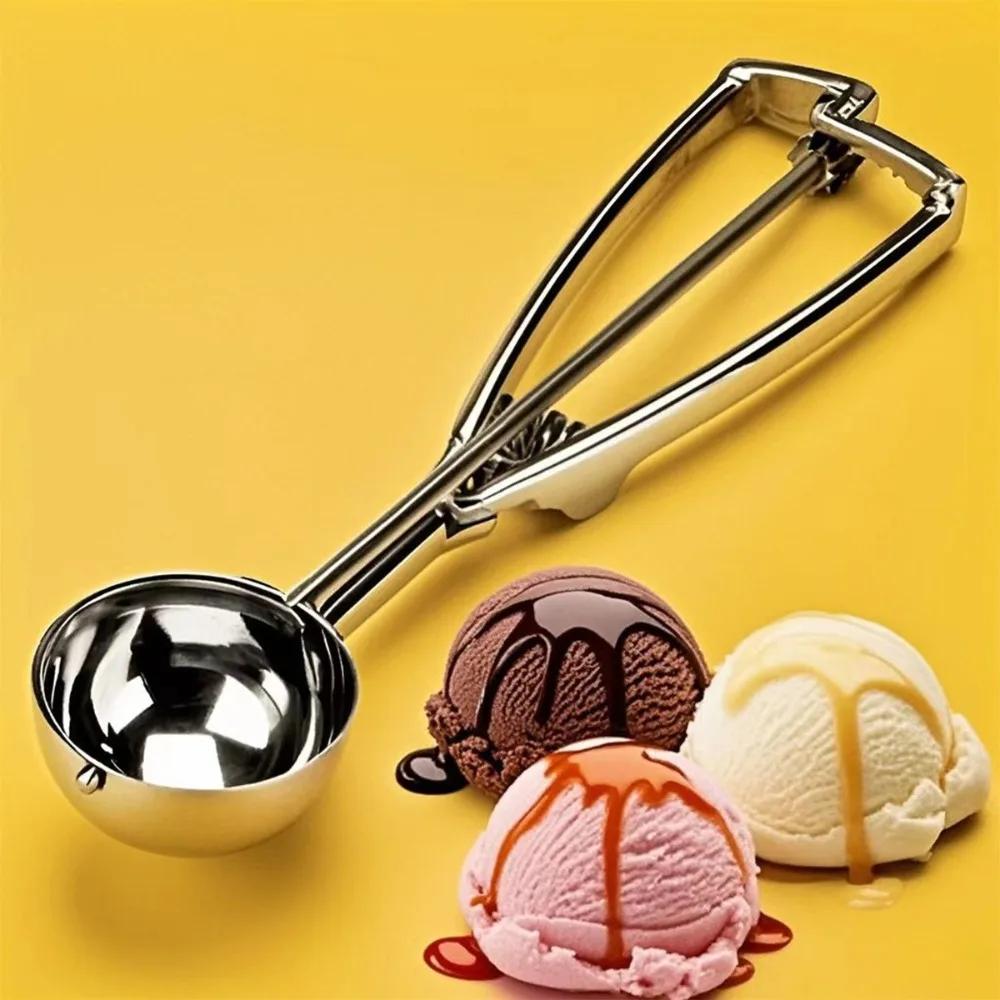Stainless Steel Ice Cream Scoop with Spring Handle 3-in-1 Scooper  for Watermelon Mashed Potato Ice Cream Kitchen Tool