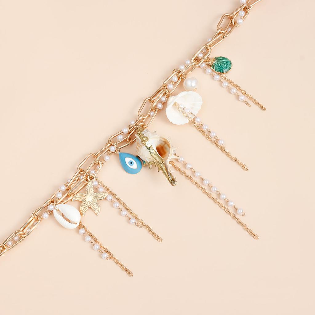 Elegant Beachy Tassels Shell Pendant Necklace Lightweight Alloy Trendy Layering Chain Jewelry For Casual Outfits