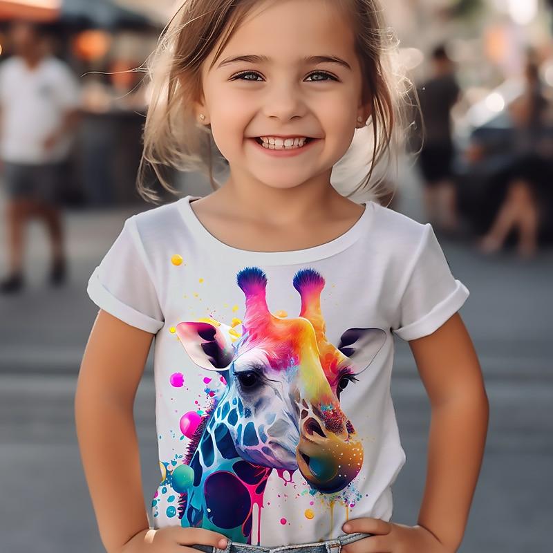 T-shirt Grafica a Fumetti Giraffa da Ragazza Maglietta Manica Corta Stampa Estate Primavera Attiva Moda Carino Bambini Esterno Casual Quotidiano
