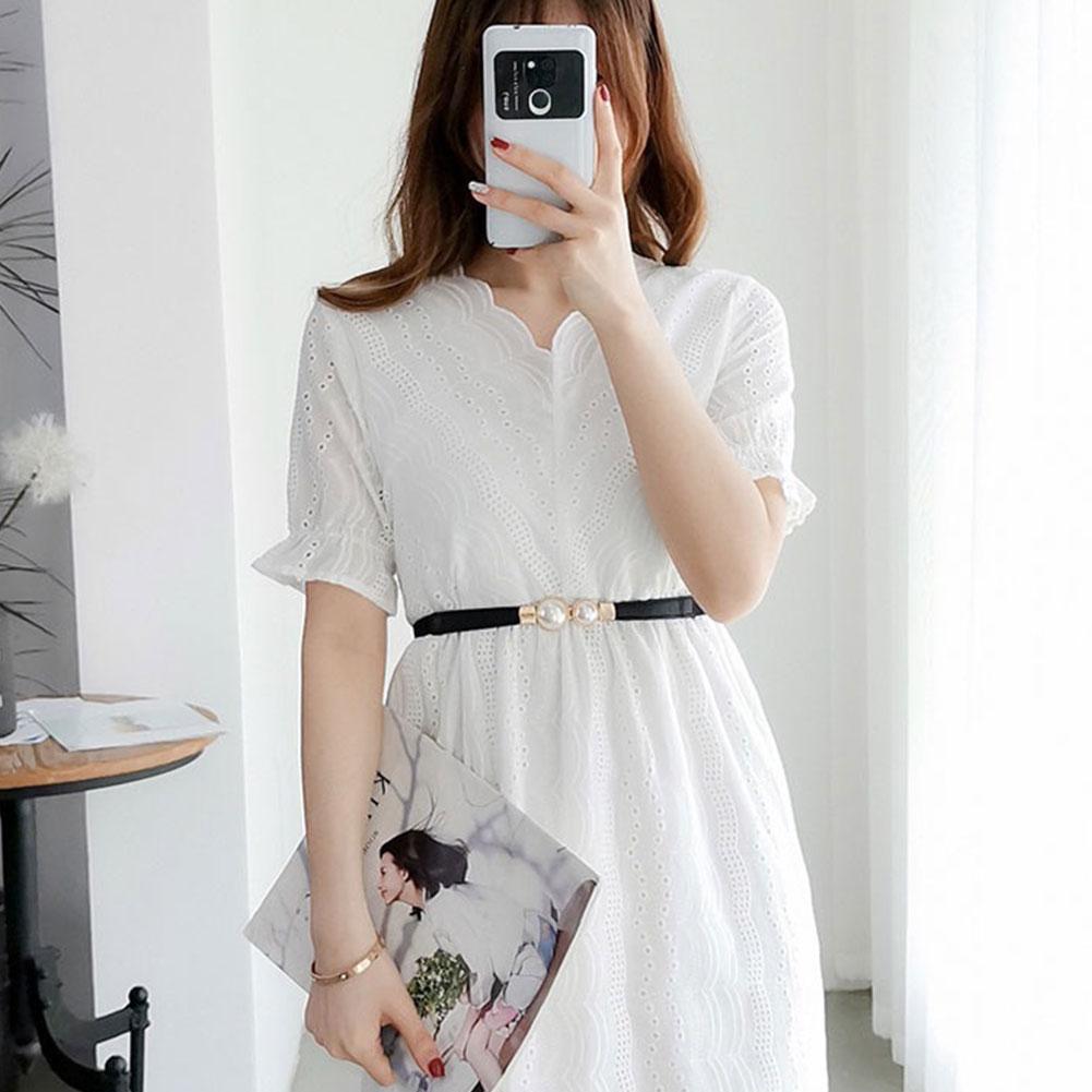 Women Double Pearl Belt Female Black Red White PU Leather Dress Skirt Waist Elastic Thin Belts Ladies Designer Waistband