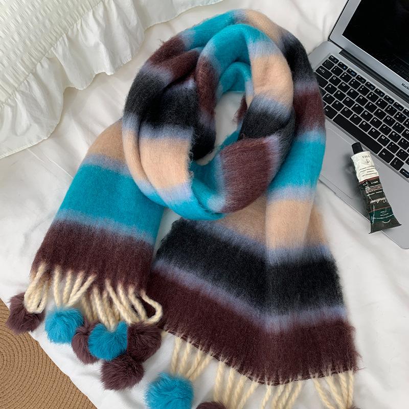 Color blocked Tassel Scarf for Women in Winter New High End Warm and Thickened Scarf for Students Korean Style Versatile Decoration