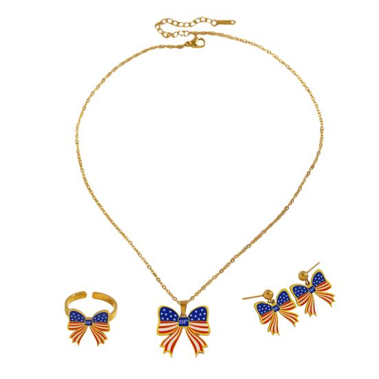 Yousheng 250th Anniversary Jewelry Set, USA Flag Pattern Bowknot Stud Earrings, Adjustable Fit Choker Necklace, Independence Day Commemorative Bow