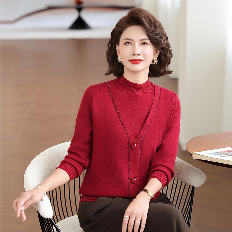 Thickened Velvet Base Layer Sweater: Red Two-Piece Winter Knitwear for Mother/Mother-in-Law