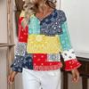 Women's Casual Fashion Ruffle V-Neck Pocket Retro Print Long Sleeve Top