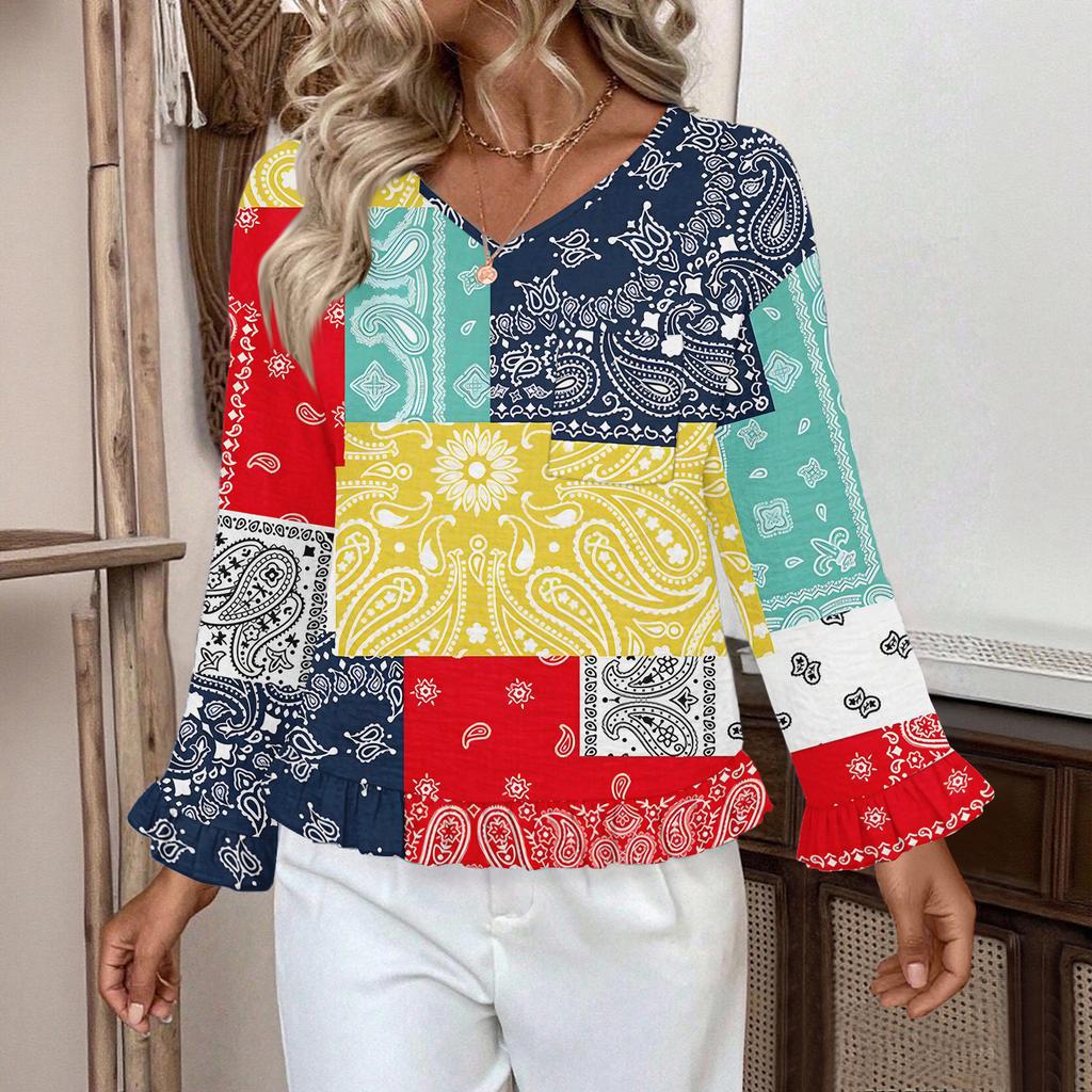 Women's Casual Fashion Ruffle V-Neck Pocket Retro Print Long Sleeve Top