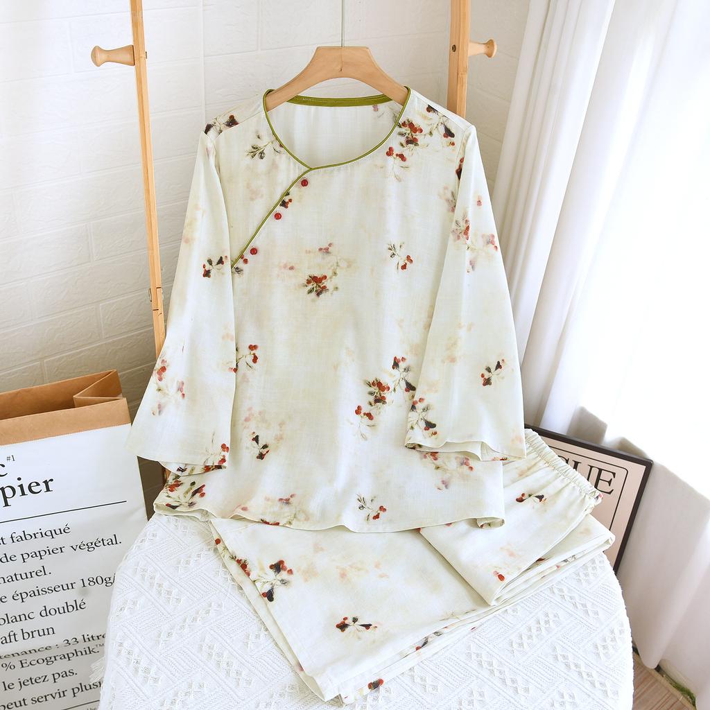 New Chinese style pajamas two-piece set breathable loose women's summer set retro large size bamboo fiber loungewear