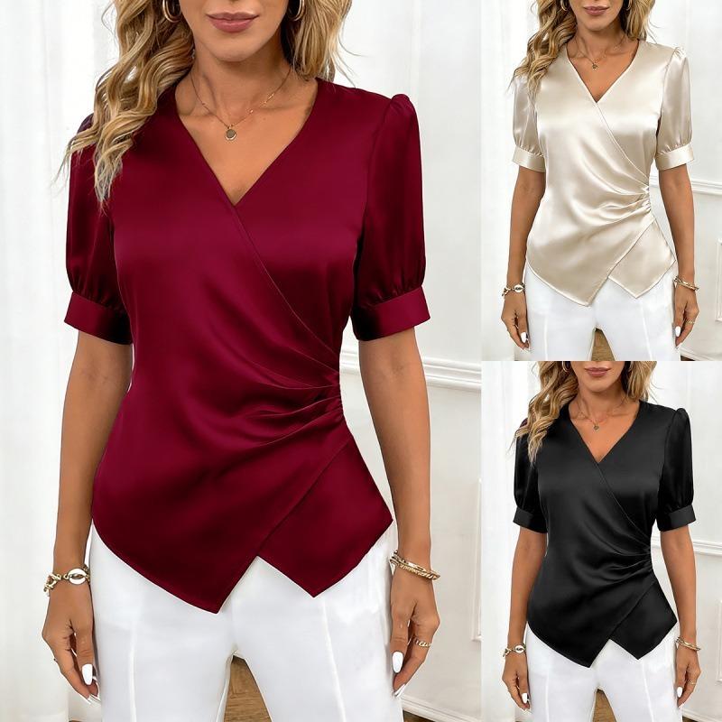 Damen V-Ausschnitt Puffärmel Satin Slim Fit Business Bluse