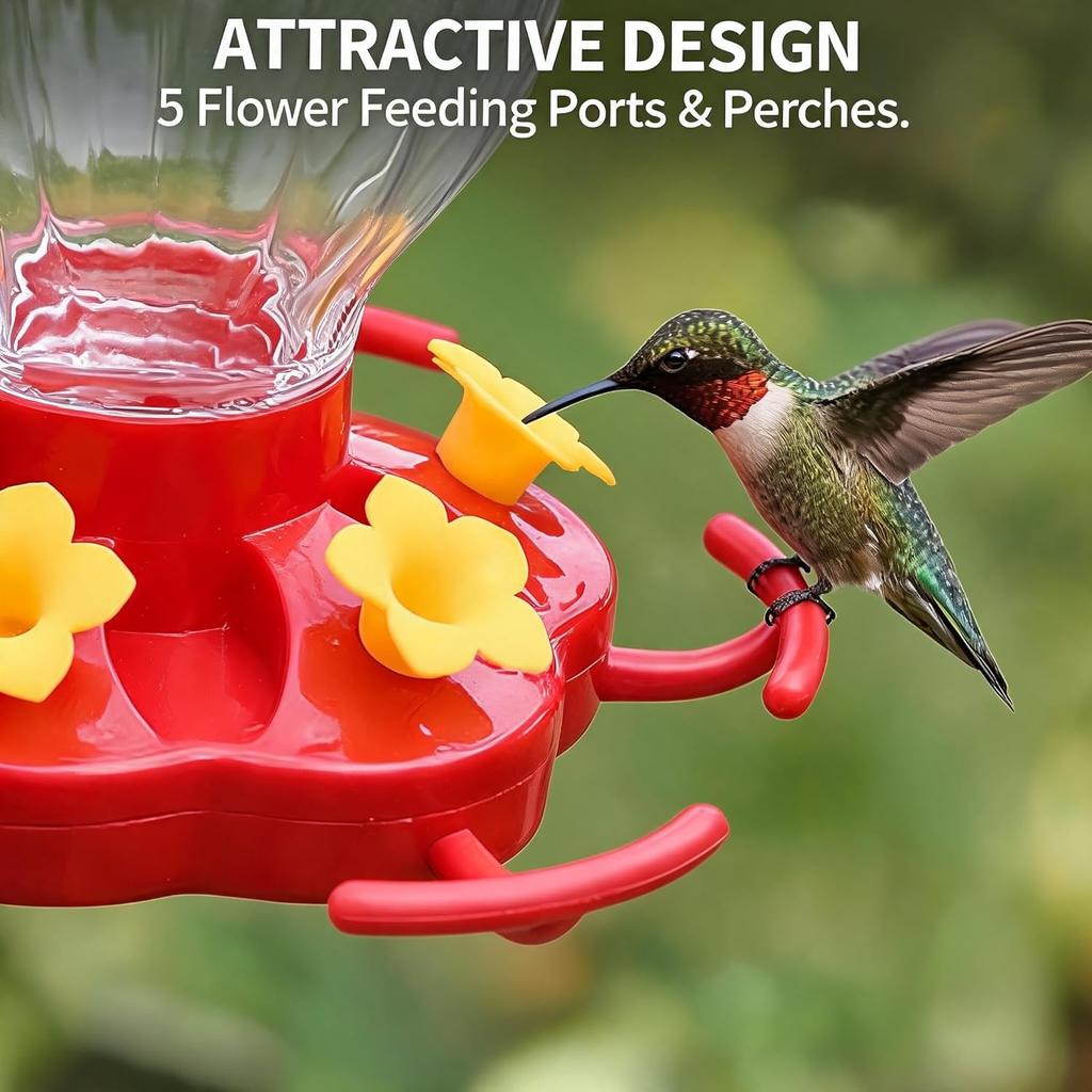 Kolibri-Futterspender 8 oz Rotes Acryl Kürbis Nektarspender 5 Blütenöffnungen mit Sitzstangen Integrierter Ameisenbrunnen und Bienenabwehr für Hof Garten Hinterhof
