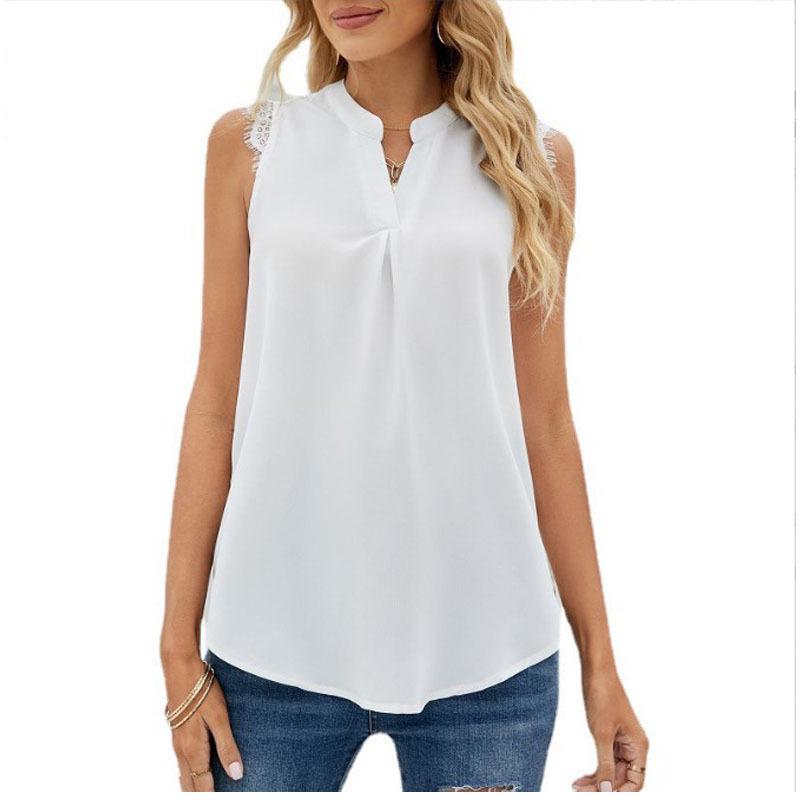 European & American Women's Fashion: Spring/Summer Solid Color V-Neck Sleeveless Shirt with Lace Trim