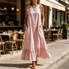Yousheng Summer Striped Maxi Dress for Women Crew Neck Sleeveless Ruffle A-line Swing Dress Beach Casual Flowy Sundress with Pockets