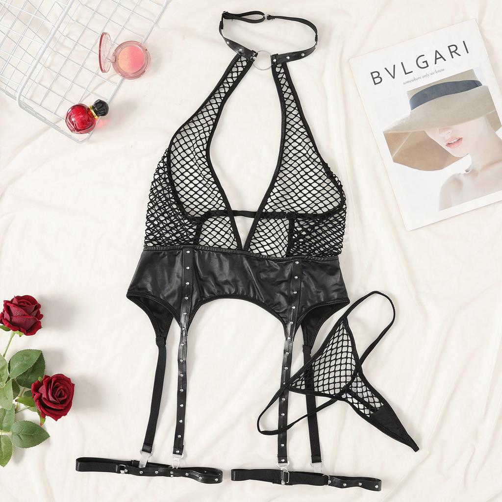 New Halter Sheer Mesh Corset Porno Lingerie Sets Patchwork Leather Slim Sleepwear Sexy Women Hollow Out Underwear Suits