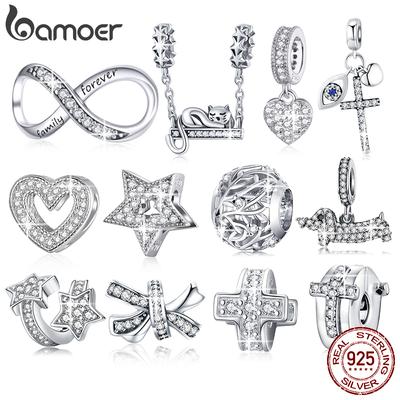 BAMOER 925 Silver Clear 5A Crystal Collection Family Heart Cross Charm Beads Fit for Charm Bracelet & Necklace Pendant