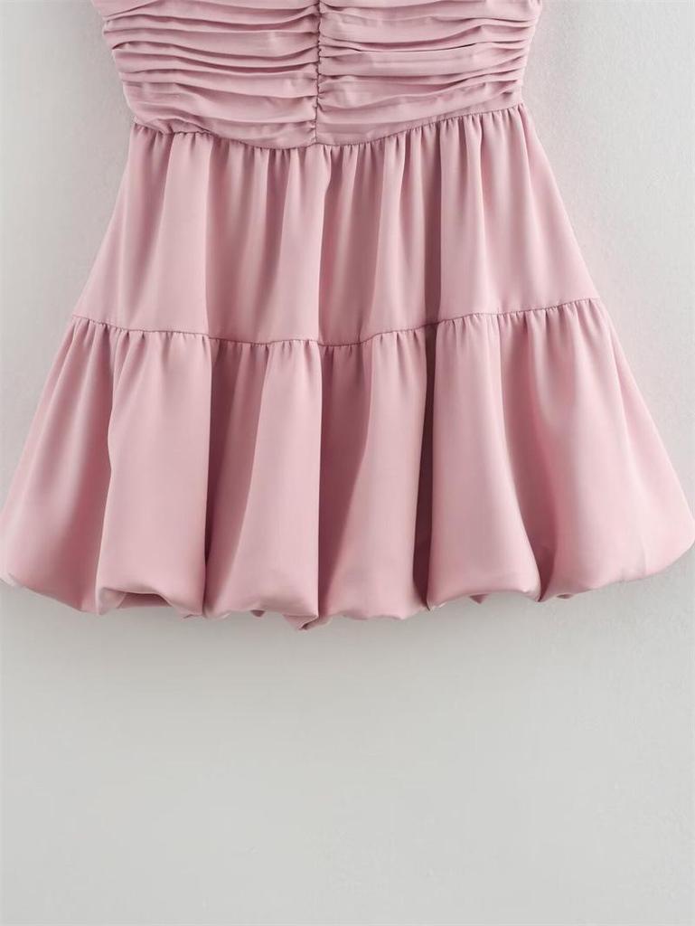 2026 Pink Draping Balloon Mini Camisole Dress - European & American Style Women's Fashion.