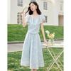 U-Neck Pleated T-Shirt & High-Waist Floral Skirt Set