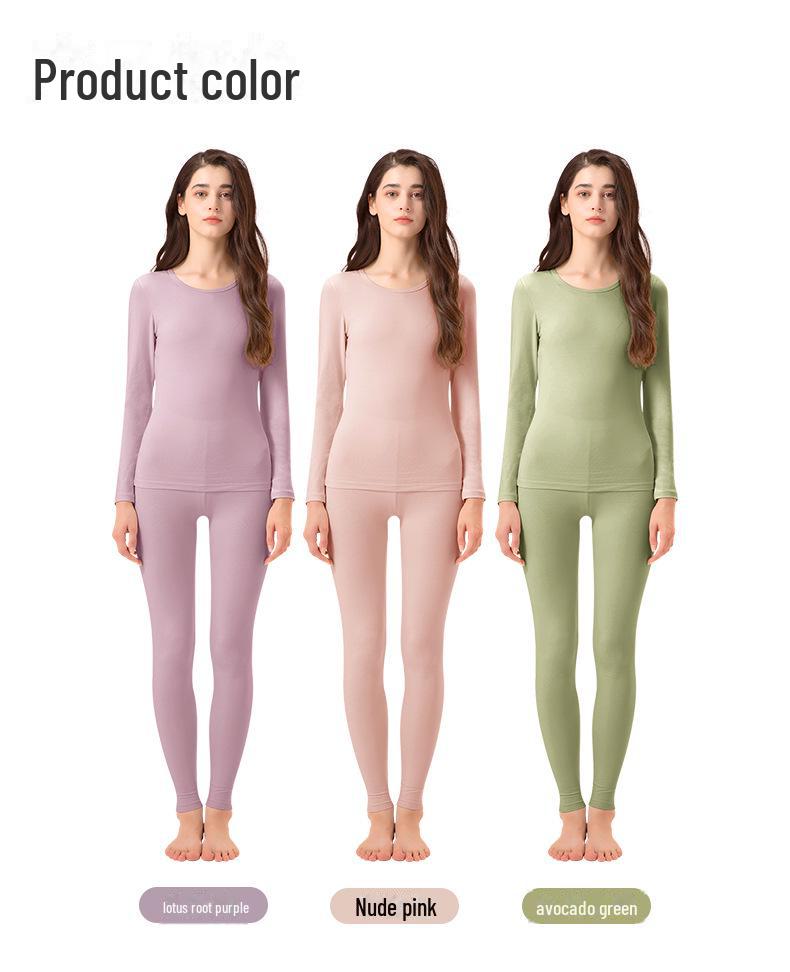 Women's Seamless Thermal Underwear Set - Antibacterial, High Elastic, Plus Velvet, Thin, Long Sleeve, Round Neck, Cotton Blend, Autumn.