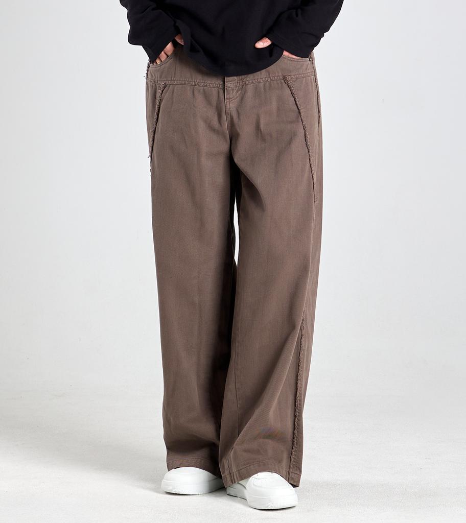 Beoteunseoul Vintage Washed Cutoff Curved Cotton Pants (Dark Brown)
