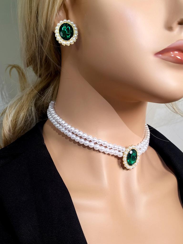 3 pieces of women's trendy double row pearl emerald earrings necklace jewelry set wedding banquet party holiday gifts